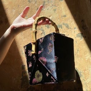 embroidered silk box purse with bamboo handle